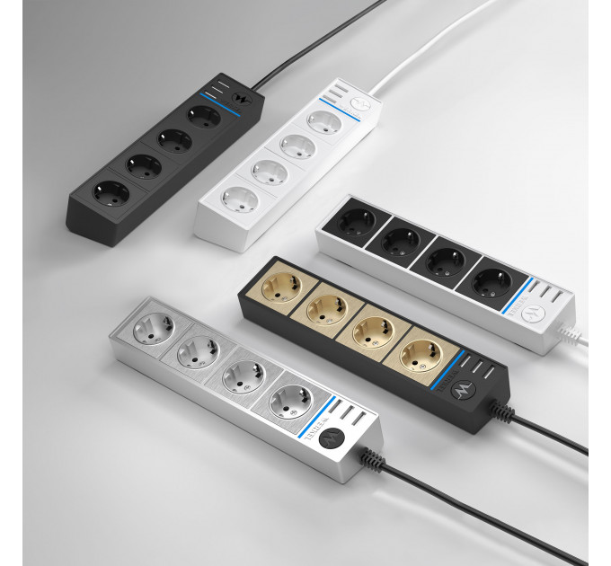 Розеточный блок 4-х местный + 3 USB серебряный/серебряный рифленый WL20-04-03
